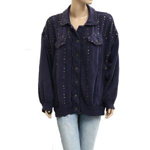 Free People We The Free Keeping On Trucker Jacket Sweatshirt Top Studs S 283160